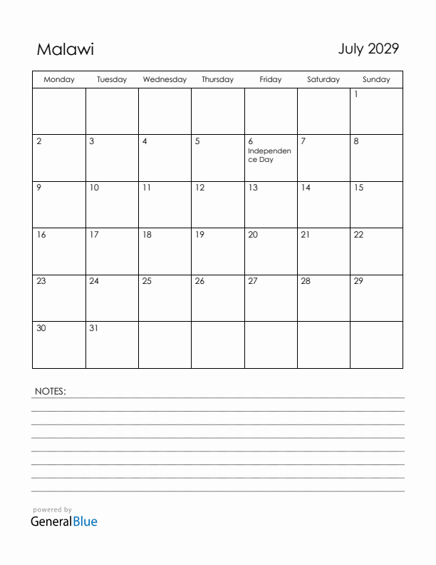 July 2029 Malawi Calendar with Holidays (Monday Start)