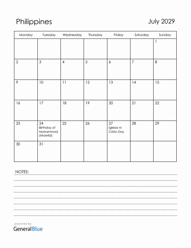 July 2029 Philippines Calendar with Holidays (Monday Start)