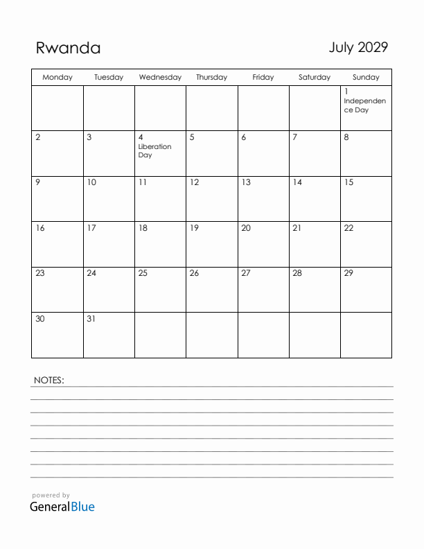 July 2029 Rwanda Calendar with Holidays (Monday Start)