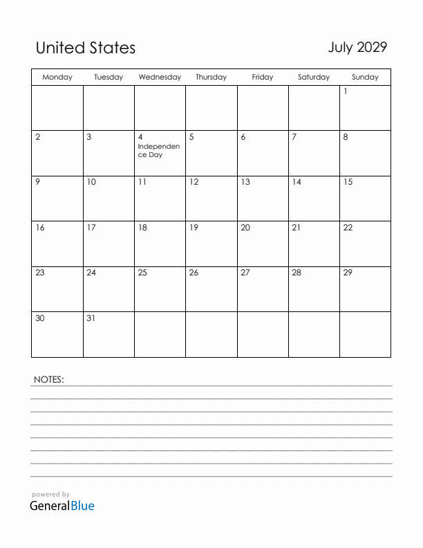 July 2029 United States Calendar with Holidays (Monday Start)