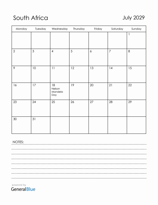 July 2029 South Africa Calendar with Holidays (Monday Start)