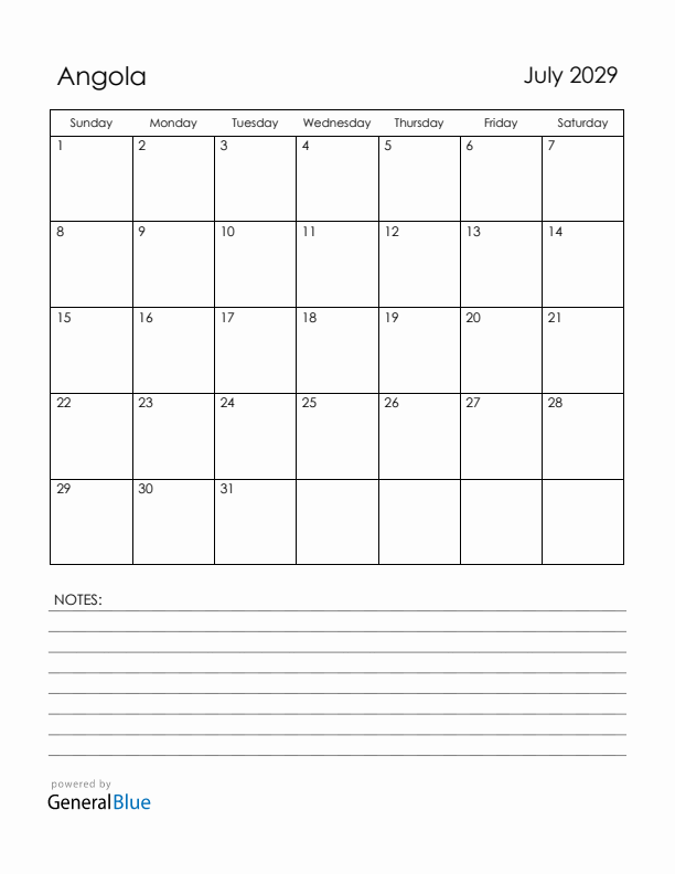 July 2029 Angola Calendar with Holidays (Sunday Start)