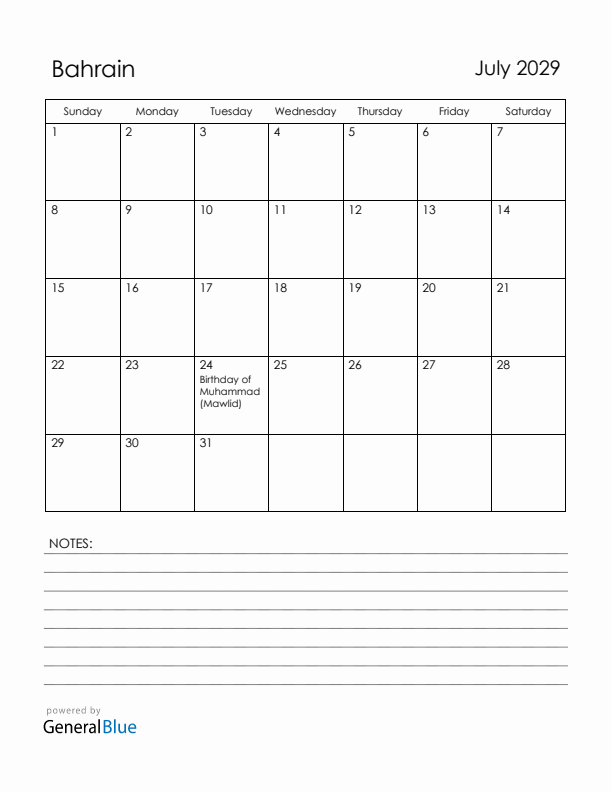 July 2029 Bahrain Calendar with Holidays (Sunday Start)