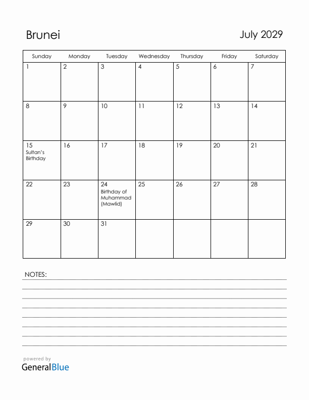 July 2029 Brunei Calendar with Holidays (Sunday Start)