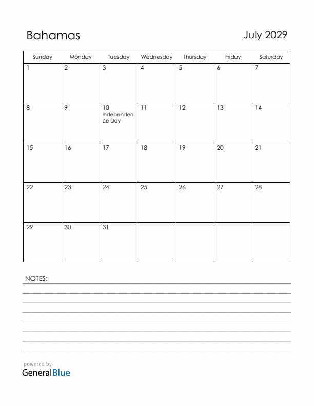 July 2029 Bahamas Calendar with Holidays (Sunday Start)