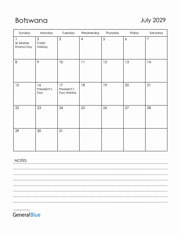 July 2029 Botswana Calendar with Holidays (Sunday Start)
