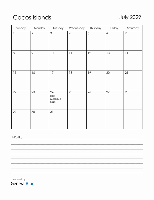 July 2029 Cocos Islands Calendar with Holidays (Sunday Start)