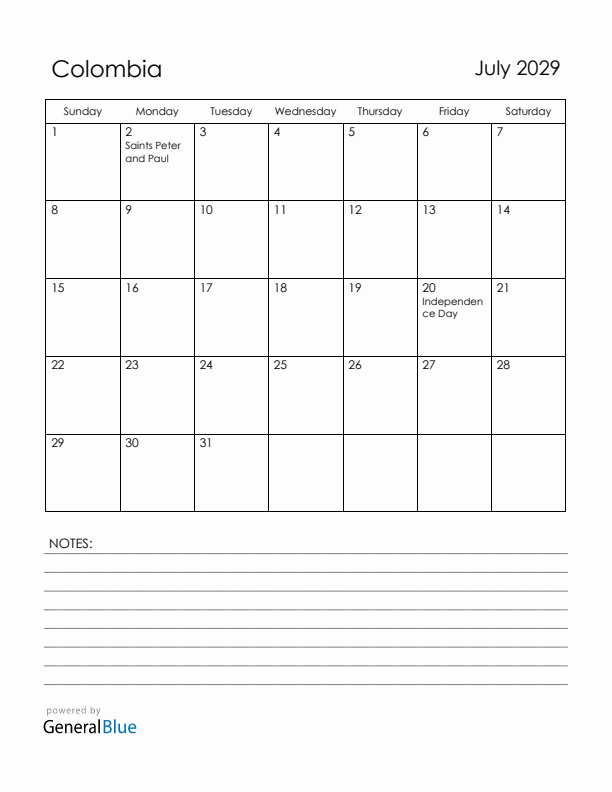 July 2029 Colombia Calendar with Holidays (Sunday Start)