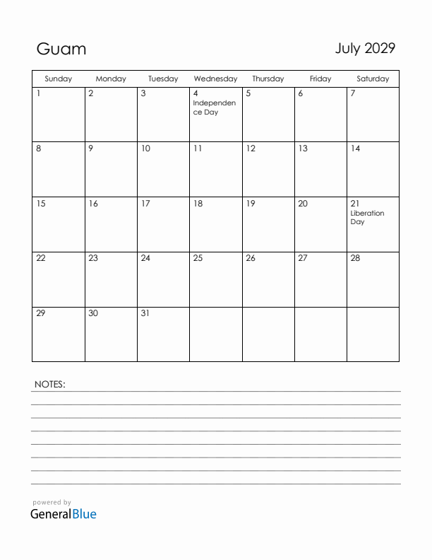July 2029 Guam Calendar with Holidays (Sunday Start)