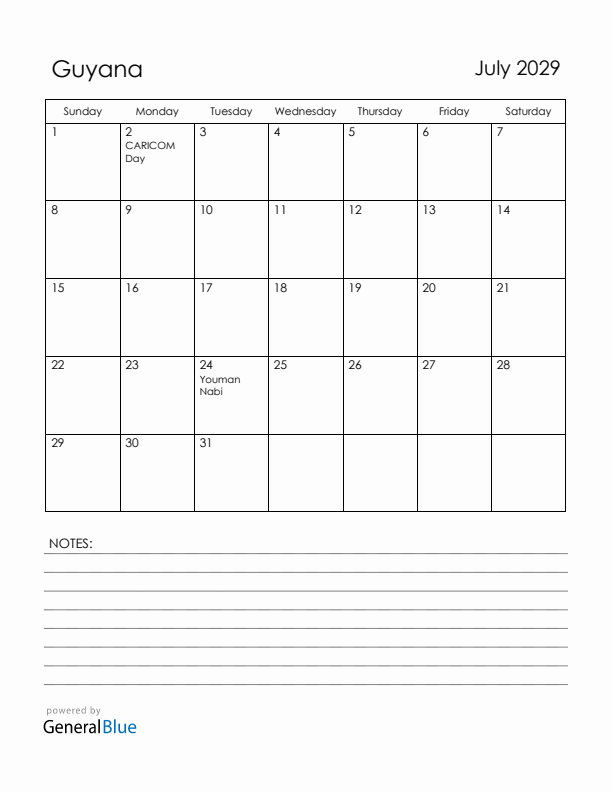 July 2029 Guyana Calendar with Holidays (Sunday Start)