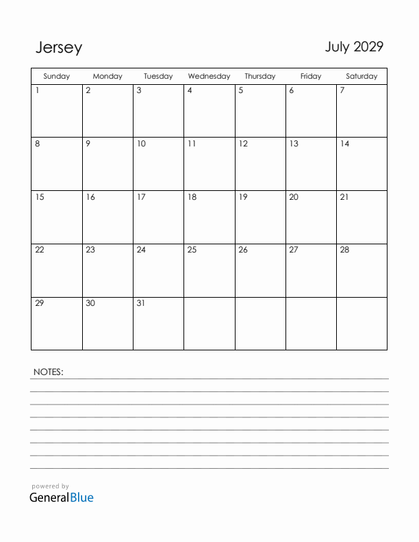 July 2029 Jersey Calendar with Holidays (Sunday Start)