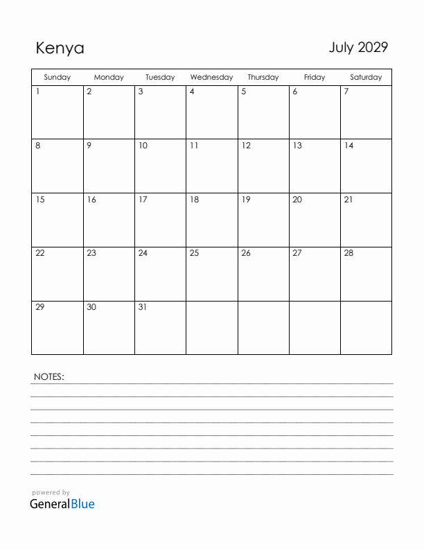 July 2029 Kenya Calendar with Holidays (Sunday Start)
