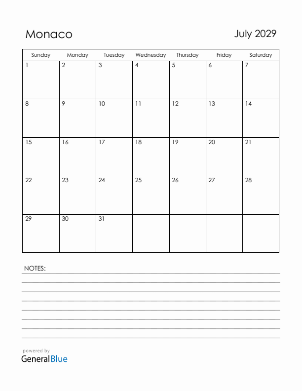 July 2029 Monaco Calendar with Holidays (Sunday Start)