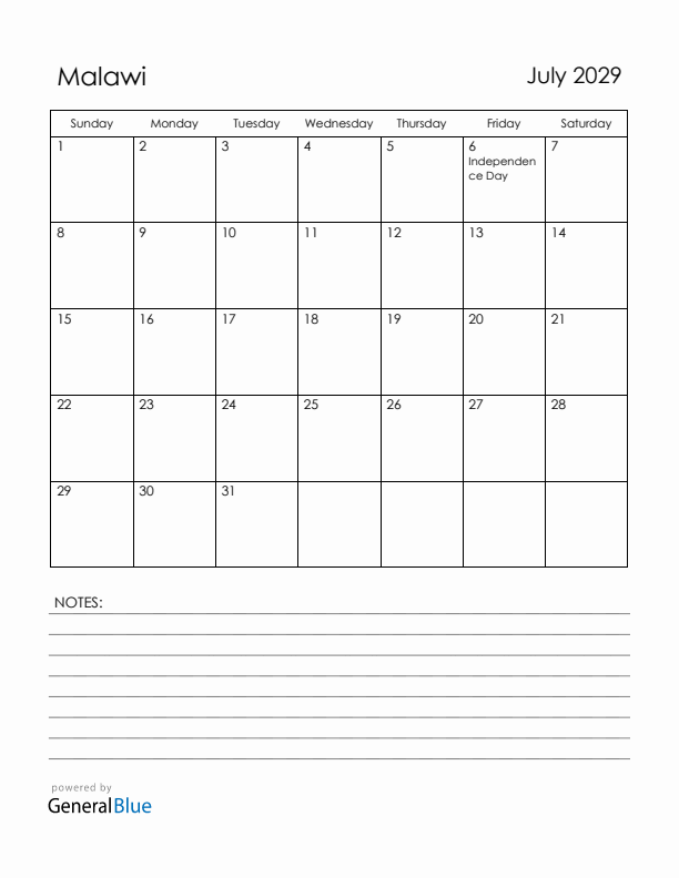 July 2029 Malawi Calendar with Holidays (Sunday Start)