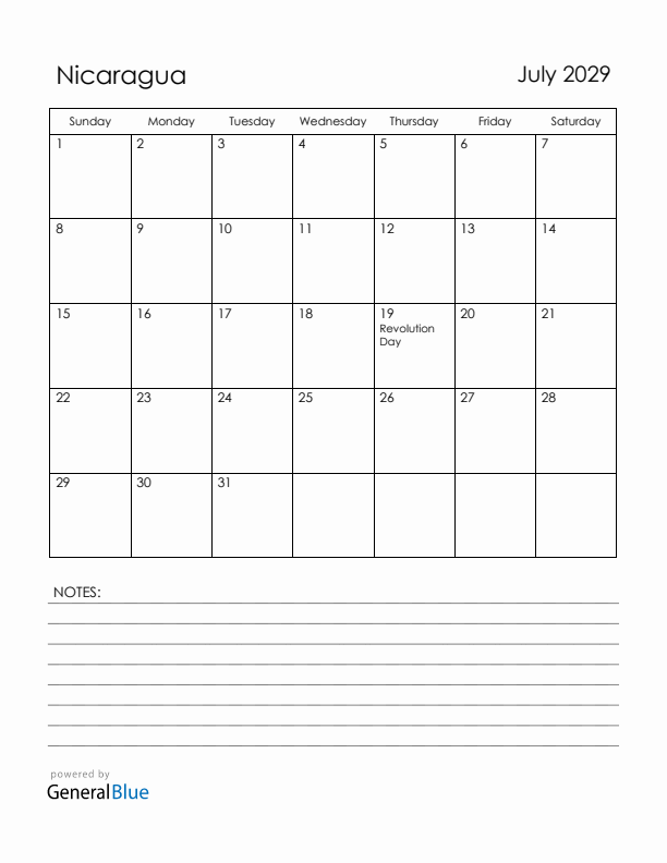 July 2029 Nicaragua Calendar with Holidays (Sunday Start)