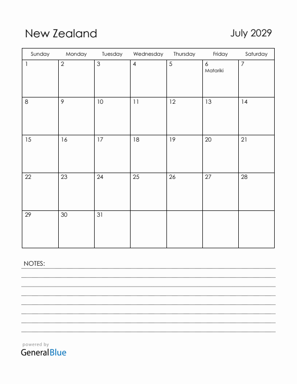 July 2029 New Zealand Calendar with Holidays (Sunday Start)