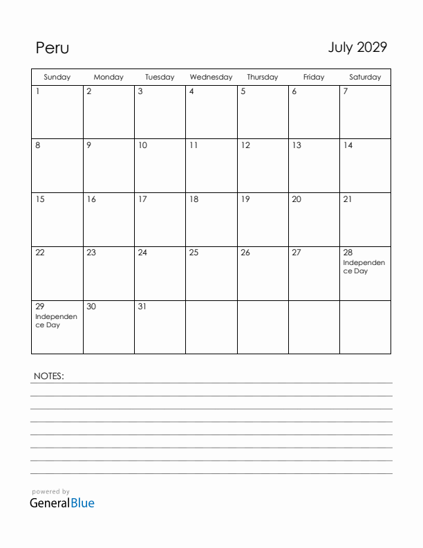 July 2029 Peru Calendar with Holidays (Sunday Start)