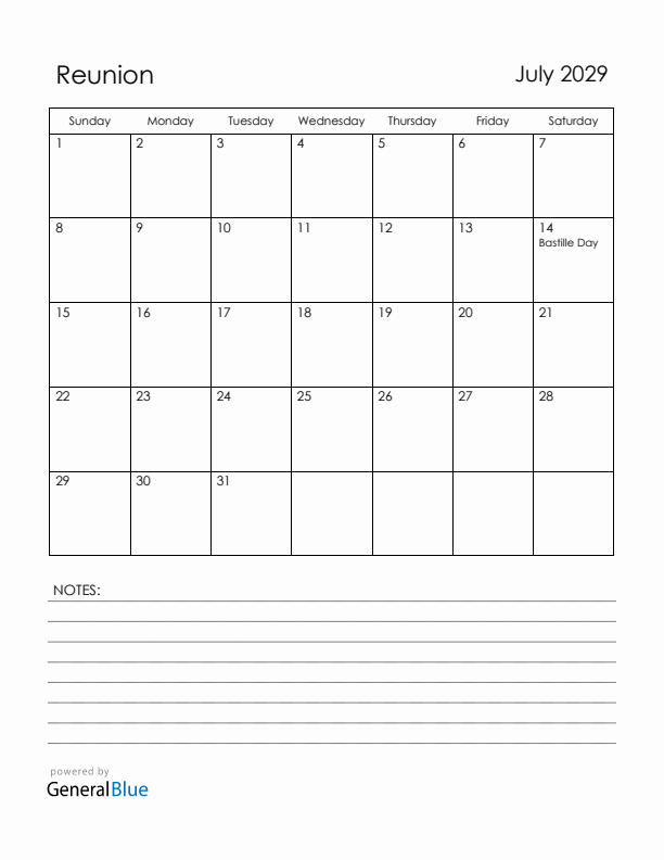 July 2029 Reunion Calendar with Holidays (Sunday Start)