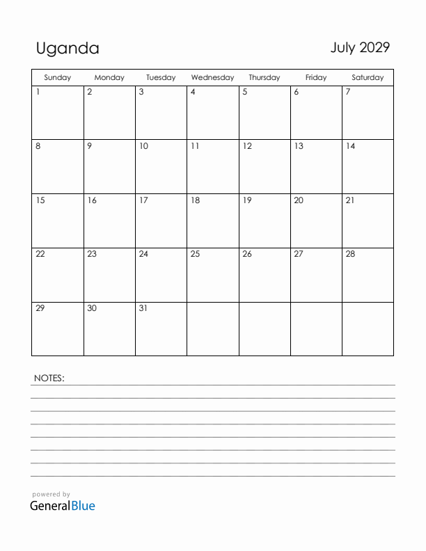 July 2029 Uganda Calendar with Holidays (Sunday Start)