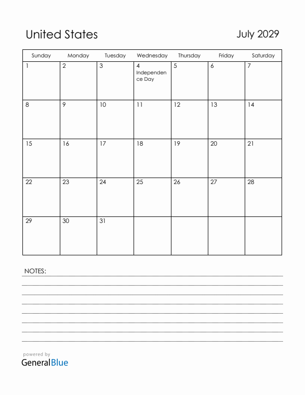 July 2029 United States Calendar with Holidays (Sunday Start)