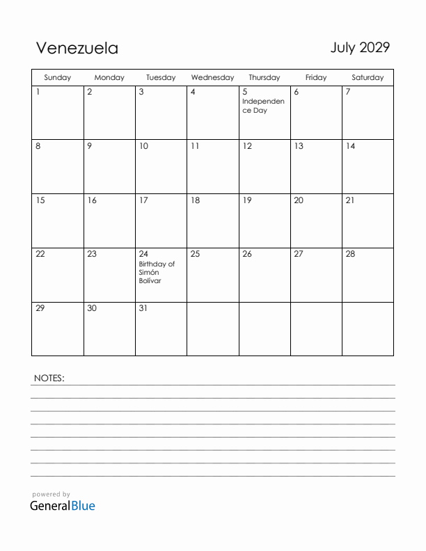 July 2029 Venezuela Calendar with Holidays (Sunday Start)