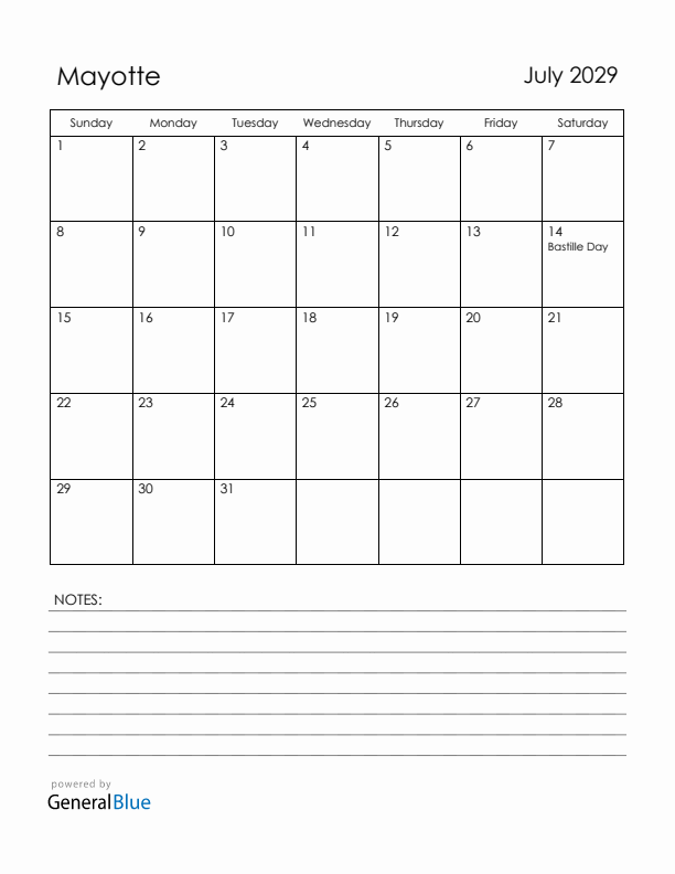 July 2029 Mayotte Calendar with Holidays (Sunday Start)