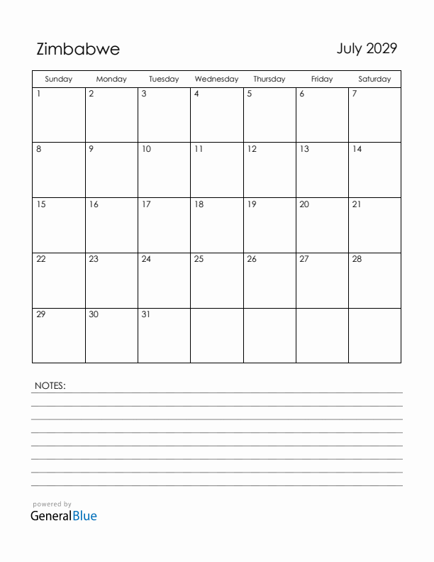 July 2029 Zimbabwe Calendar with Holidays (Sunday Start)