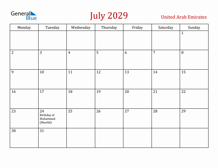 United Arab Emirates July 2029 Calendar - Monday Start