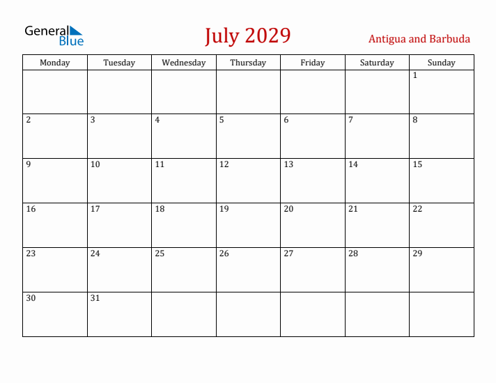 Antigua and Barbuda July 2029 Calendar - Monday Start