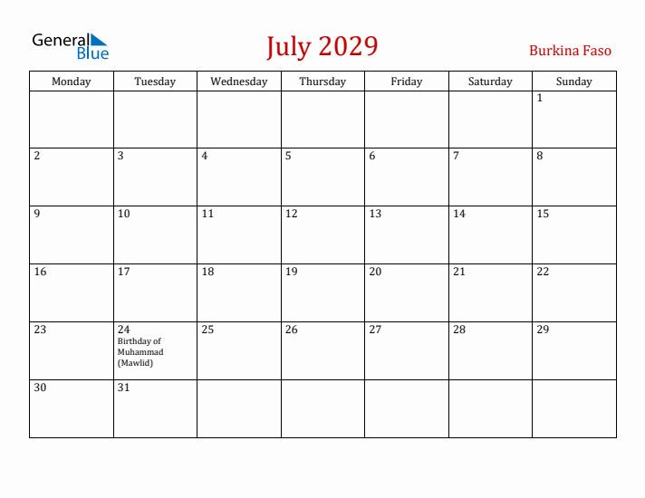 Burkina Faso July 2029 Calendar - Monday Start