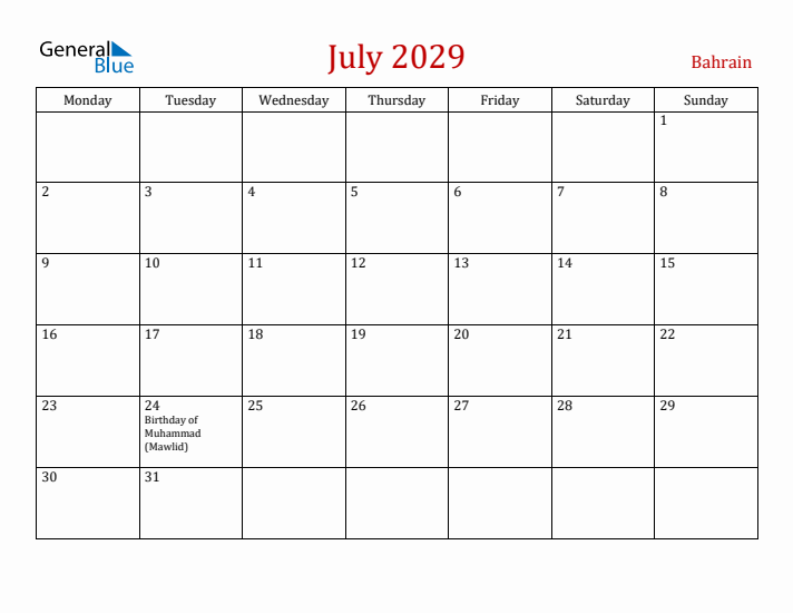 Bahrain July 2029 Calendar - Monday Start