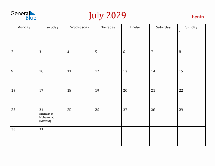 Benin July 2029 Calendar - Monday Start