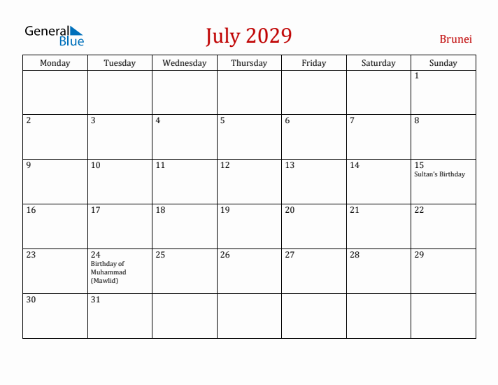 Brunei July 2029 Calendar - Monday Start