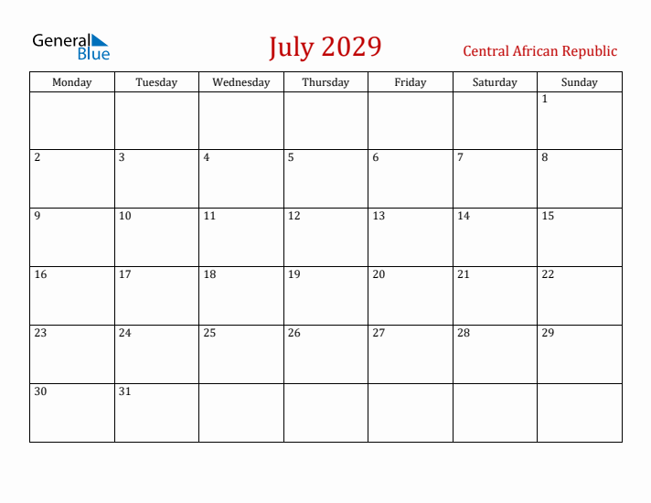 Central African Republic July 2029 Calendar - Monday Start