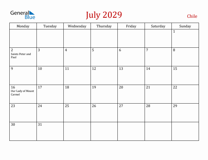 Chile July 2029 Calendar - Monday Start