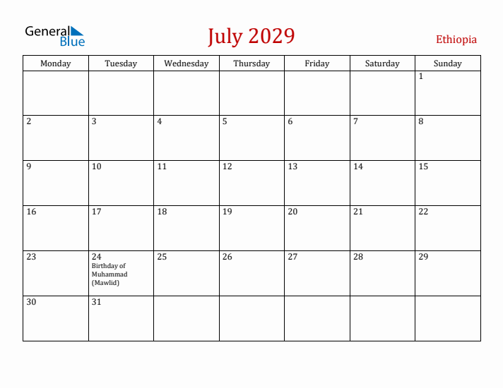 Ethiopia July 2029 Calendar - Monday Start