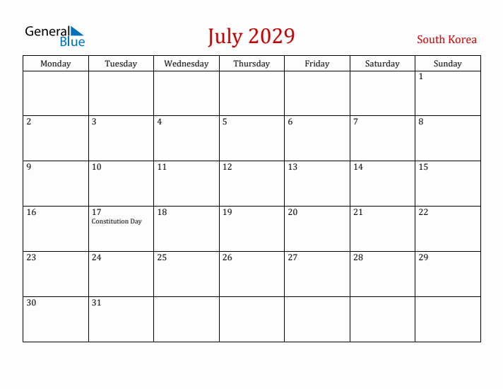 South Korea July 2029 Calendar - Monday Start