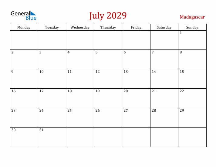 Madagascar July 2029 Calendar - Monday Start