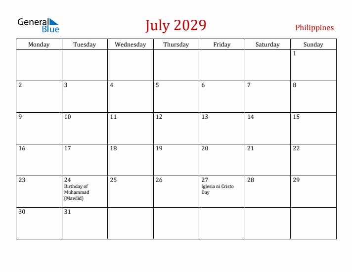 Philippines July 2029 Calendar - Monday Start
