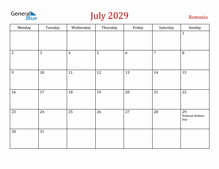 Romania July 2029 Calendar - Monday Start