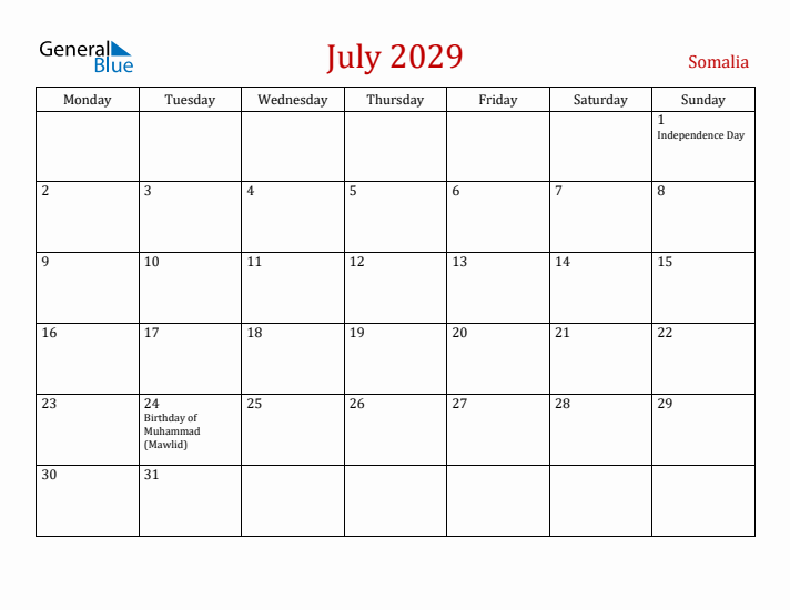 Somalia July 2029 Calendar - Monday Start