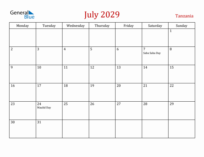 Tanzania July 2029 Calendar - Monday Start