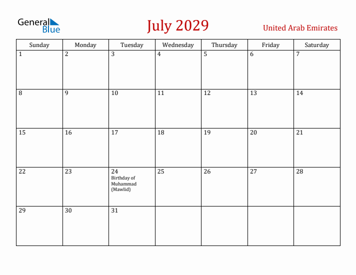 United Arab Emirates July 2029 Calendar - Sunday Start