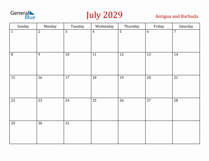 Antigua and Barbuda July 2029 Calendar - Sunday Start