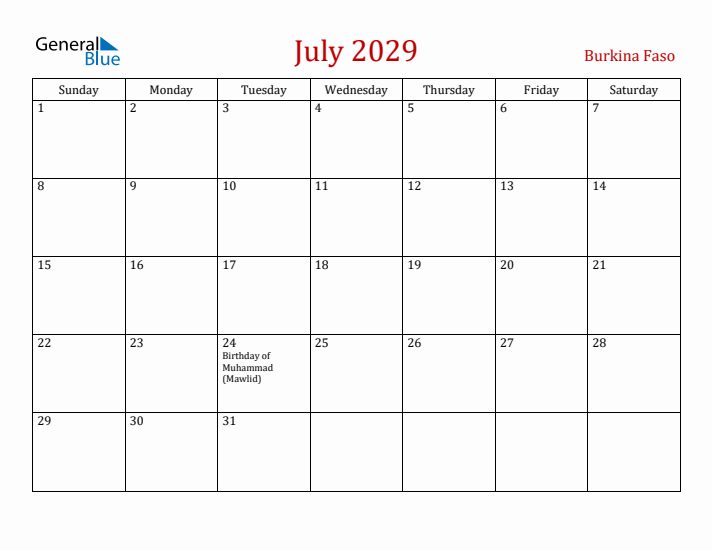 Burkina Faso July 2029 Calendar - Sunday Start