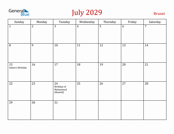 Brunei July 2029 Calendar - Sunday Start