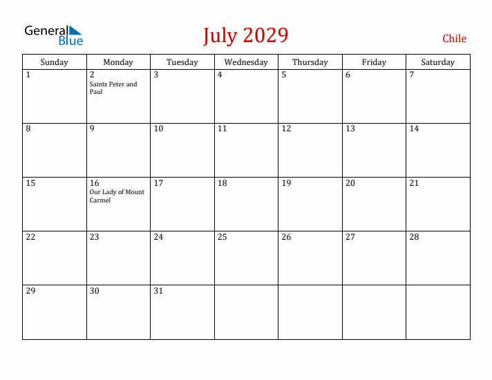 Chile July 2029 Calendar - Sunday Start