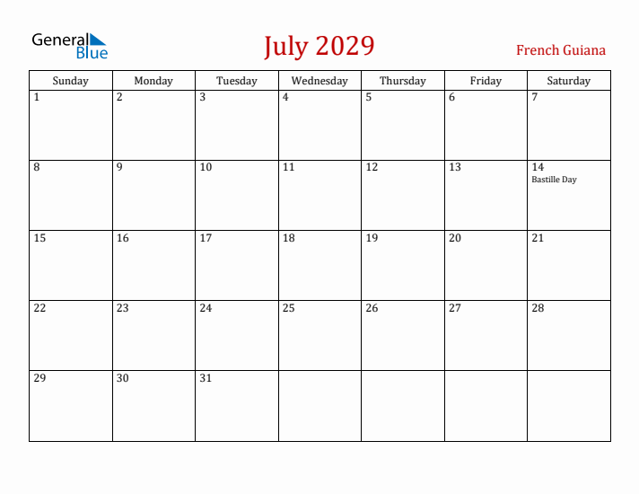 French Guiana July 2029 Calendar - Sunday Start
