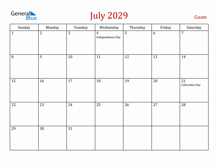 Guam July 2029 Calendar - Sunday Start