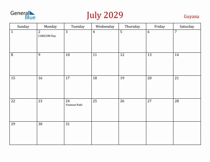 Guyana July 2029 Calendar - Sunday Start